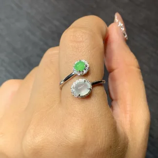 High-Icy White and Green Natural Jadeite Cabochon Ring — S925 Silver · No. 01AE