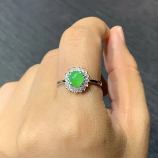 High-Icy Yellow Vivid Green Natural Jadeite Cabochon Ring — S925 Silver · No. 0939