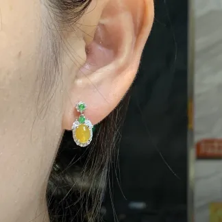 High-Icy Honey Yellow Natural Jadeite Cabochon Drop Earrings — S925 Silver · No. 97E3