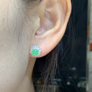 High-Icy Vivid Green Natural Jadeite Cabochon Stud Earrings — S925 Silver · No. B303