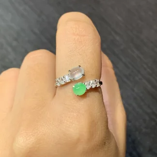 High-Icy Glowing White and Green Natural Jadeite Cabochon Ring — S925 Silver · No. 0AFB