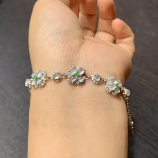 High-Icy Glowing Four-Leaf Clover Natural Jadeite Cabochon Bracelet — S925 Silver · No. BD9E