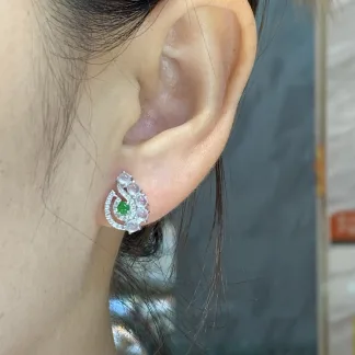High-Icy Glowing White and Green Natural Jadeite Cabochon Stud Earrings — S925 Silver · No. F792
