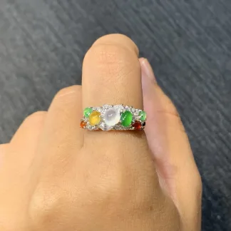 High-Icy Multicolor Natural Jadeite Cabochon Ring — S925 Silver · No. 1B22