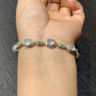 High-Icy Glowing Natural Jadeite Cabochon Bracelet — S925 Silver · No. 1686