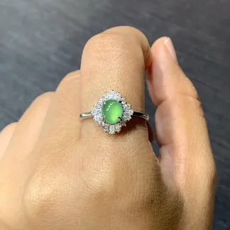 High-Icy Glowing Green Natural Jadeite Cabochon Ring — S925 Silver · No. 2C1D