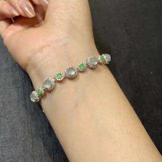 High-Icy White and Green Natural Jadeite Cabochon Bracelet — S925 Silver · No. E8CC
