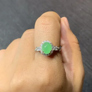 Icy Soft Vivid Green Natural Jadeite Cabochon Ring — S925 Silver · No. FD37