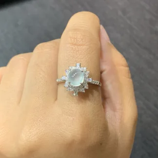 High-Icy Glowing Natural Jadeite Cabochon Ring — S925 Silver · No. 9455