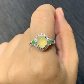 High-Icy Honey Yellow Natural Jadeite Cabochon Ring — S925 Silver · No. F044