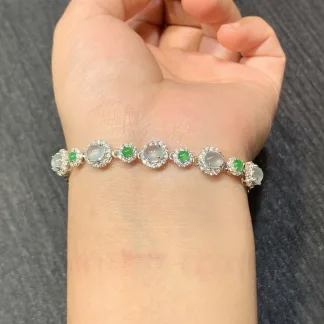High-Icy Glowing Natural Jadeite Cabochon Bracelet — S925 Silver · No. FF38
