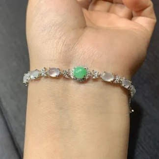 High-Icy White and Green Natural Jadeite Cabochon Bracelet — S925 Silver · No. 41D7