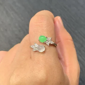 High-Icy White and Green Natural Jadeite Cabochon Ring — S925 Silver · No. AE05