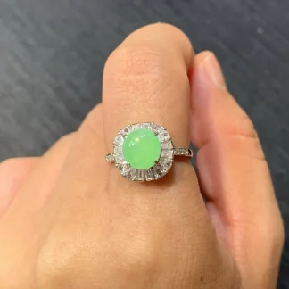 Icy Soft Vivid Green Natural Jadeite Cabochon Ring — S925 Silver · No. 2BD1