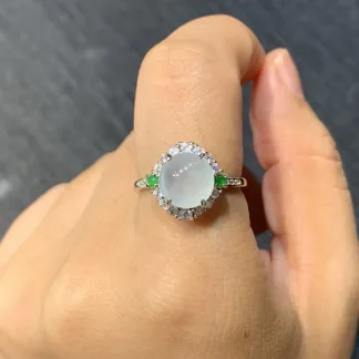 High-Icy Glowing Natural Jadeite Cabochon Ring — S925 Silver · No. F792