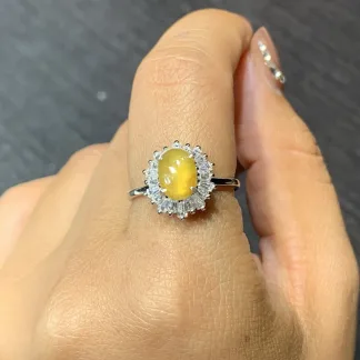 High-Icy Honey Yellow Natural Jadeite Cabochon Ring — S925 Silver · No. FAE6