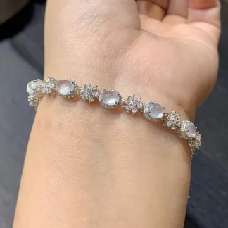 High-Icy Glowing Natural Jadeite Cabochon Bracelet — S925 Silver · No. 17D9