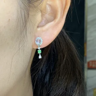High-Icy Glowing Natural Jadeite Cabochon Drop Earrings — S925 Silver · No. 0F6C