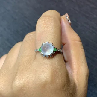 High-Icy Glowing Natural Jadeite Cabochon Ring — S925 Silver · No. A0B4