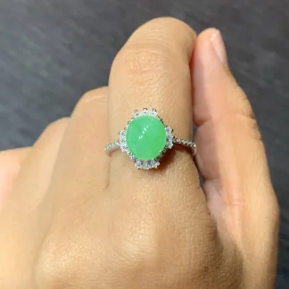 Icy Vivid Green Natural Jadeite Cabochon Ring — S925 Silver · No. BFC9