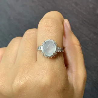 High-Icy Glowing Natural Jadeite Cabochon Ring — S925 Silver · No. 3CB0