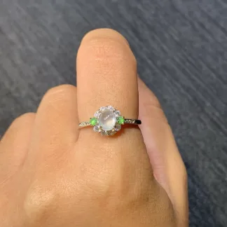 High-Icy Glowing Natural Jadeite Cabochon Ring — S925 Silver · No. 03E8