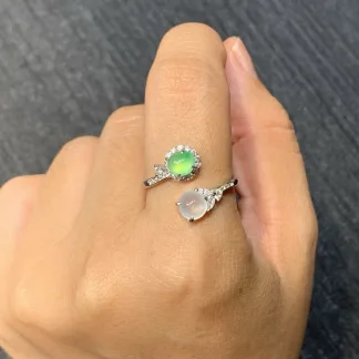 High-Icy White and Green Natural Jadeite Cabochon Ring — S925 Silver · No. A978
