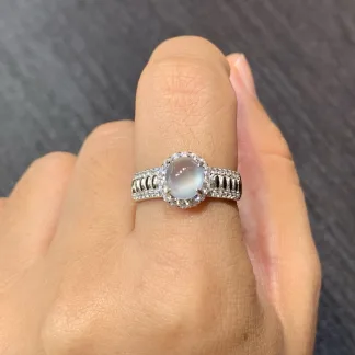 High-Icy Glowing Crisp-Clarity Petite Natural Jadeite Cabochon Ring — S925 Silver · No. 9DBC