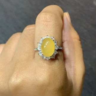 High-Icy Honey Yellow Natural Jadeite Cabochon Ring — S925 Silver · No. 7549