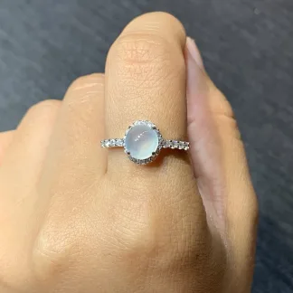 High-Icy Glowing Natural Jadeite Cabochon Ring — S925 Silver · No. 006C