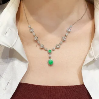 High-Icy White Cabochon and Green Natural Jadeite Cabochon Necklace — S925 Silver · No. E7EC