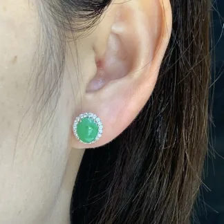 Icy Vivid Green Natural Jadeite Cabochon Stud Earrings — S925 Silver · No. D545
