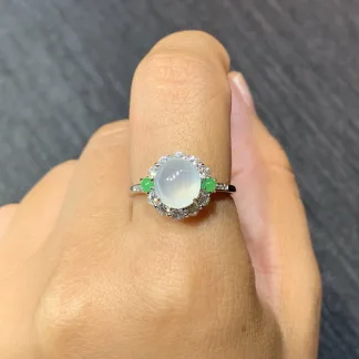 High-Icy Glowing Natural Jadeite Cabochon Ring — S925 Silver · No. E7B0