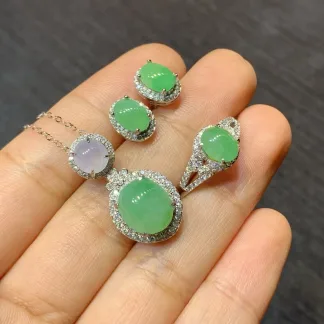 Icy Green Natural Jadeite Cabochon Set — S925 Silver · No. 03A6