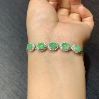 Icy Vivid Green Natural Jadeite Cabochon Bracelet — S925 Silver · No. 544B