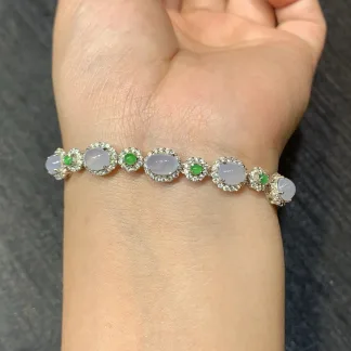 Icy Pink-Lavender and Vivid Green Natural Jadeite Cabochon Bracelet — S925 Silver · No. 308E