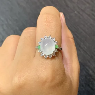 High-Icy Glowing Natural Jadeite Cabochon Ring — S925 Silver · No. F07D