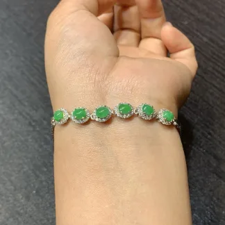 Icy Vivid Green Natural Jadeite Cabochon Bracelet — S925 Silver · No. 99F1