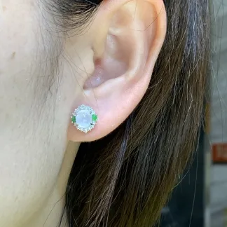 High-Icy Glowing White and Green Natural Jadeite Cabochon Stud Earrings — S925 Silver · No. CB8F
