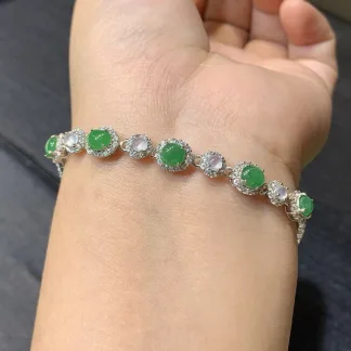 High-Icy White and Intense Vivid Green Natural Jadeite Cabochon Bracelet — S925 Silver · No. BF34