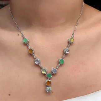 High-Icy Multicolor Natural Jadeite Cabochon Necklace — S925 Silver · No. C23C