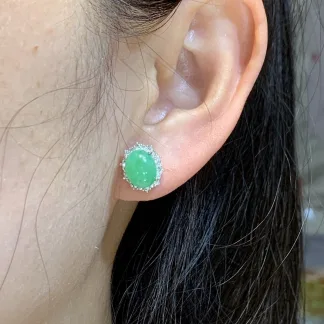 Vivid Green Natural Jadeite Cabochon Stud Earrings — S925 Silver · No. 9629