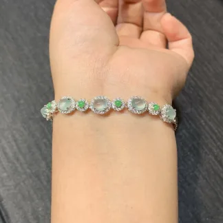 High-Icy Glassy Natural Jadeite Cabochon Bracelet — S925 Silver · No. AAB0