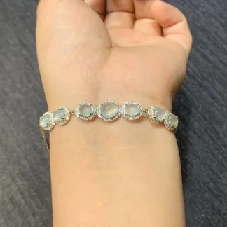 High-Icy Glowing Clear Natural Jadeite Cabochon Bracelet — S925 Silver · No. 472D