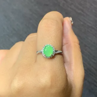 High-Icy Soft Vivid Green Natural Jadeite Cabochon Ring — S925 Silver · No. FB45