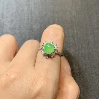Icy Vivid Green Natural Jadeite Cabochon Ring — S925 Silver · No. 0EA8