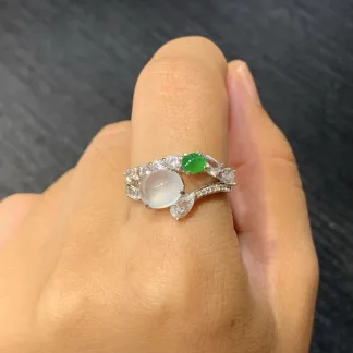 High-Icy Glowing White and Green Natural Jadeite Cabochon Ring — S925 Silver · No. 8F60