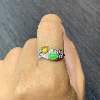High-Icy Yellow and Green Natural Jadeite Cabochon Ring — S925 Silver · No. D495