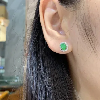 Icy Vivid Green Natural Jadeite Cabochon Stud Earrings — S925 Silver · No. 36D7