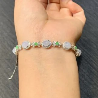 Icy Lavender Natural Jadeite Cabochon Bracelet — S925 Silver · No. 6347